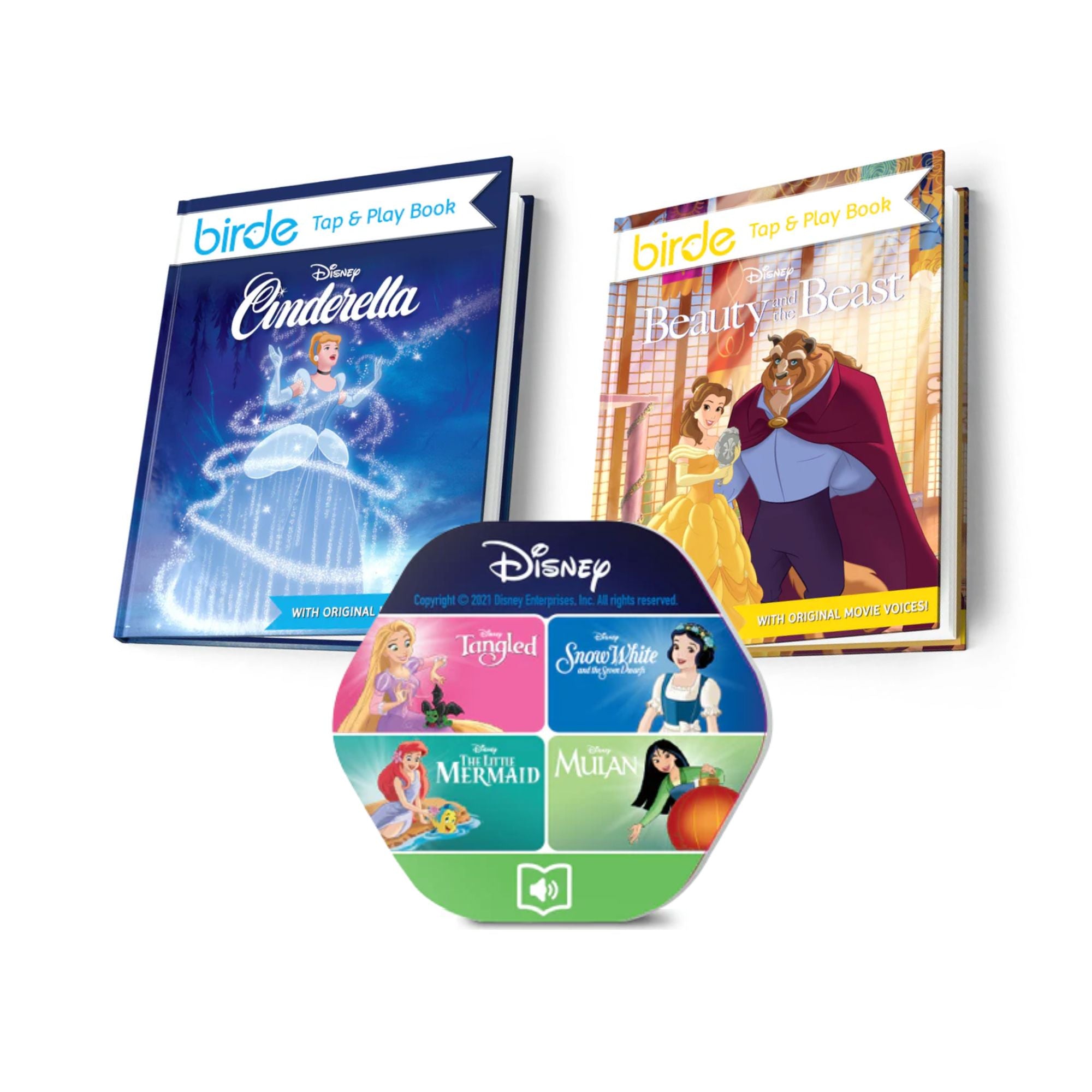 A collection of Disney Princess themed Tap & Play books by Birde, featuring covers with images of Cinderella, Beauty and the Beast, and other Disney princess characters.